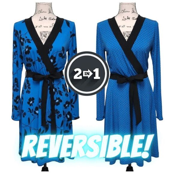 💙 WHITE HOUSE BLACK MARKET Long Sleeve Reversible Blue Matte Jersey Dress M - Picture 2 of 13